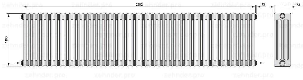 Схема (чертеж) Радиатор Zehnder Charleston 5110/52 №2670 Белый глянцевый RAL 9016